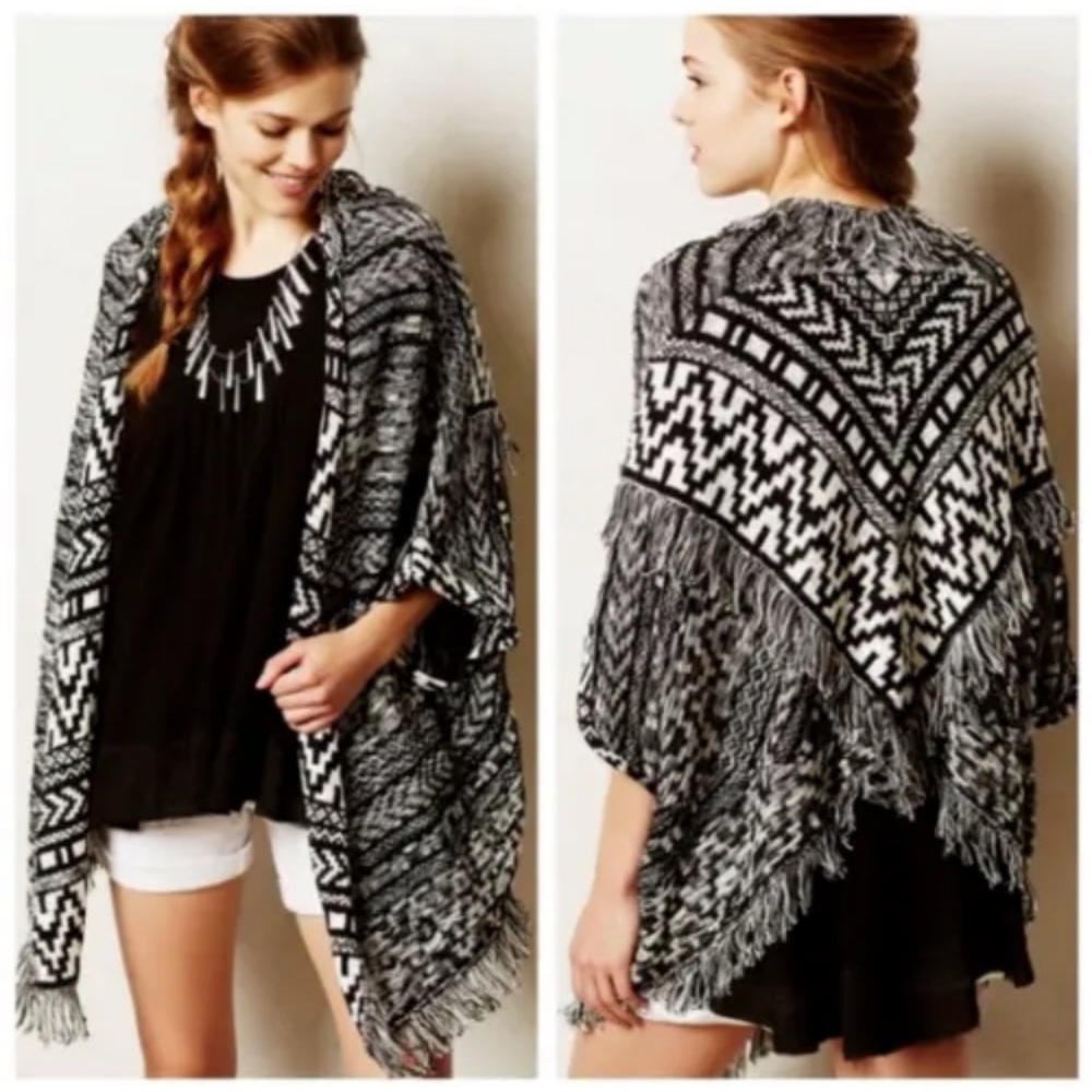 MOTH Anthropologie Black White Fringed Intarsia Knit Open Cardigan Sweat…